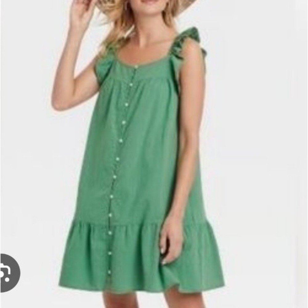 Universal Thread Women SZ XXL green cotton sundress pockets button front ruffle